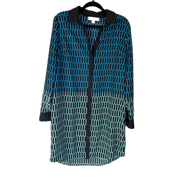 Michael Kors Shirt Dress L Large Blue Black Long Sleeve Career Church Washable - Picture 2 of 12